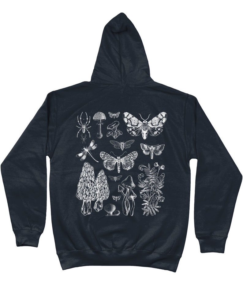 May include: A dark blue hooded sweatshirt with a white print of various insects, mushrooms, and plants. The print includes a spider, dragonfly, butterflies, and mushrooms.