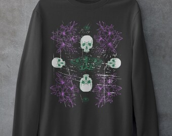 May include: A black sweatshirt featuring a printed design of a moth and five skulls surrounded by purple flowers. The graphic has a distressed, vintage aesthetic.