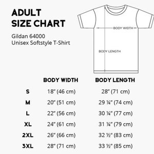 以下が含まれることがあります： Gildan 64000 ユニセックス ソフトスタイル Tシャツのサイズチャート。チャートは、サイズ S、M、L、XL、2XL、3XL のボディ幅と長さをインチとセンチメートルで示しています。