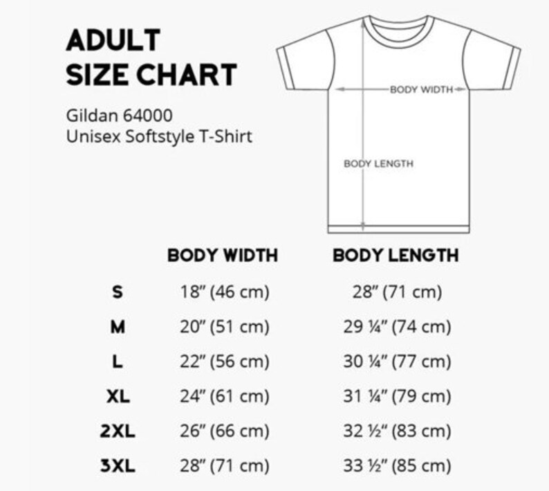 以下が含まれることがあります： Gildan 64000 ユニセックス ソフトスタイル Tシャツのサイズチャート。チャートは、サイズ S、M、L、XL、2XL、3XL のボディ幅と長さをインチとセンチメートルで示しています。