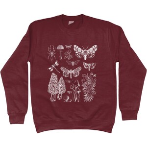 K&ouml;nnte beinhalten: Ein weinroter Pullover mit einem wei&szlig;en Druck verschiedener Insekten, Pilze und Pflanzen. Der Druck umfasst eine Spinne, Schmetterlinge, Libellen und Pilze.