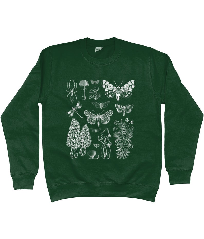K&ouml;nnte beinhalten: Ein dunkelgr&uuml;ner Pullover mit einem wei&szlig;en Druck verschiedener Insekten, Pilze und Pflanzen. Der Druck enth&auml;lt eine Spinne, eine Libelle, einen Nachtfalter und einen Pilz.
