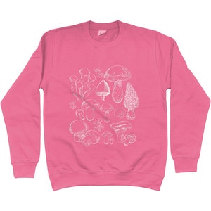 Puede incluir: Una sudadera rosa con un gr&aacute;fico blanco de varios tipos de setas.