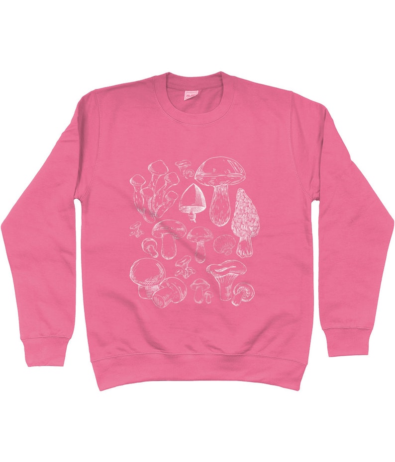 Puede incluir: Una sudadera rosa con un gr&aacute;fico blanco de varios tipos de setas.