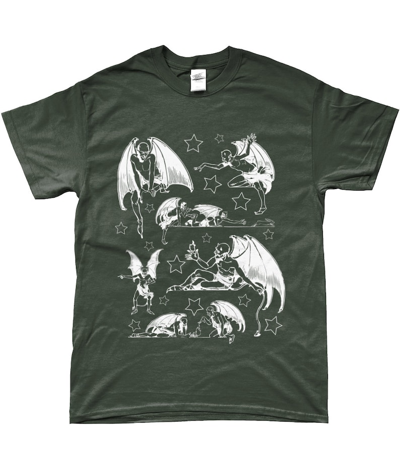 May include: A dark green t-shirt with a white print of multiple winged figures with stars. The figures are in various poses, some are flying, some are sitting, and some are lying down.