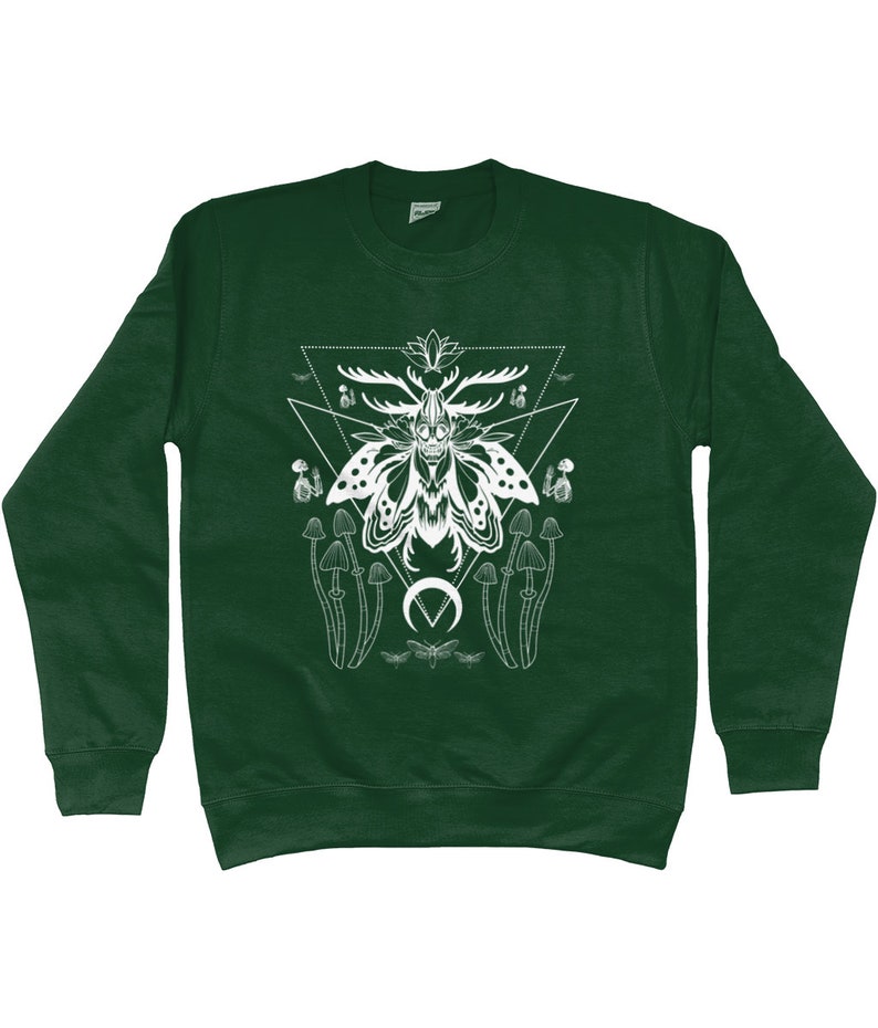 May include: A dark green sweatshirt with a white graphic print of a moth with antlers, mushrooms, and a crescent moon. The moth is surrounded by a geometric design.