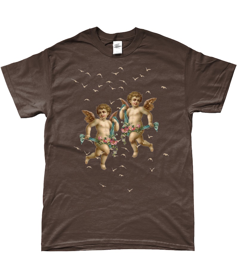 May include: A brown t-shirt with a print of two cherubs with wings, holding flowers and flying among a flock of birds.