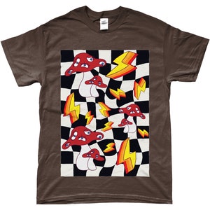 May include: A brown t-shirt with a graphic print of red mushrooms with eyes and yellow lightning bolts on a black and white checkered background.