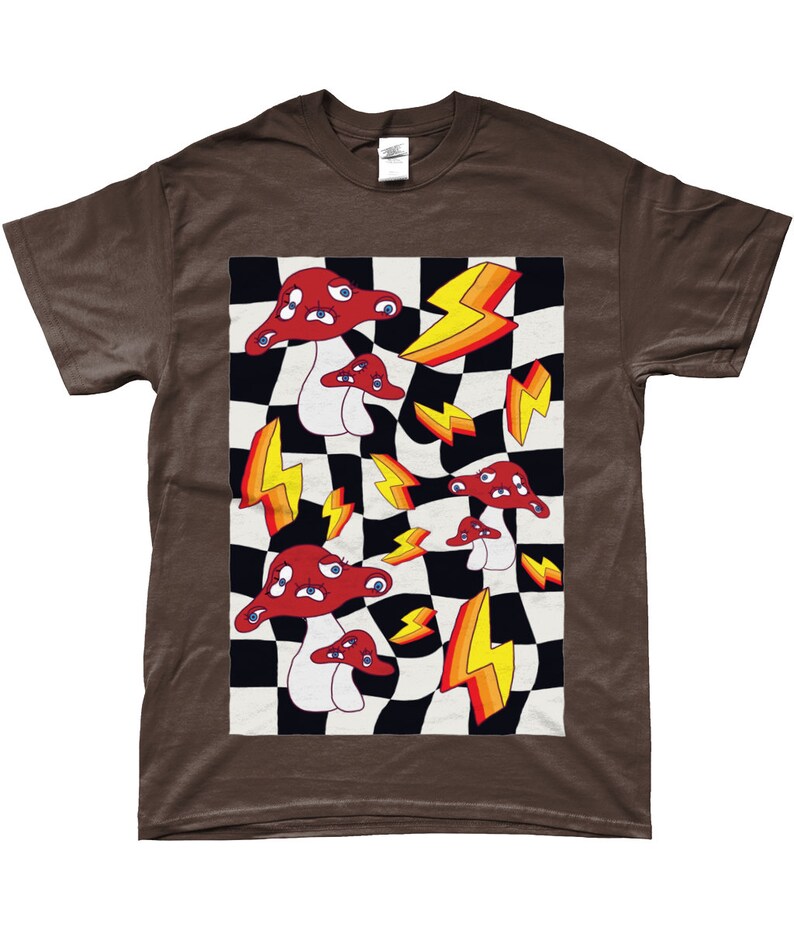 May include: A brown t-shirt with a graphic print of red mushrooms with eyes and yellow lightning bolts on a black and white checkered background.