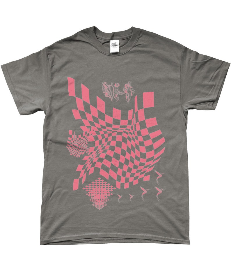 May include: A grey t-shirt with a pink checkered pattern, pink hummingbirds, and a pink abstract design.