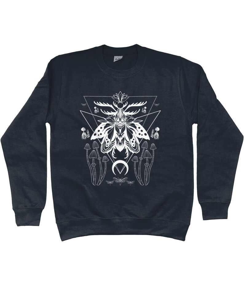 May include: A navy blue sweatshirt with a white graphic of a moth with antlers, mushrooms, and a crescent moon. The moth is surrounded by a geometric triangle design.
