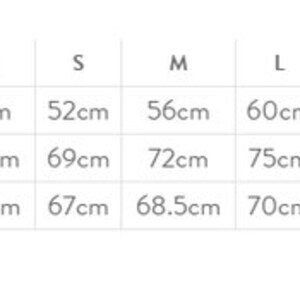 May include: Size chart showing measurements in centimeters for a garment. The measurements include half chest, body length, and sleeve length. Sizes range from XS to 3XL.