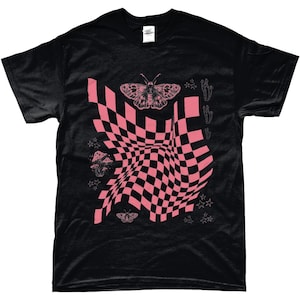 May include: Black t-shirt with a pink checkered pattern, butterflies, stars, and mushrooms.