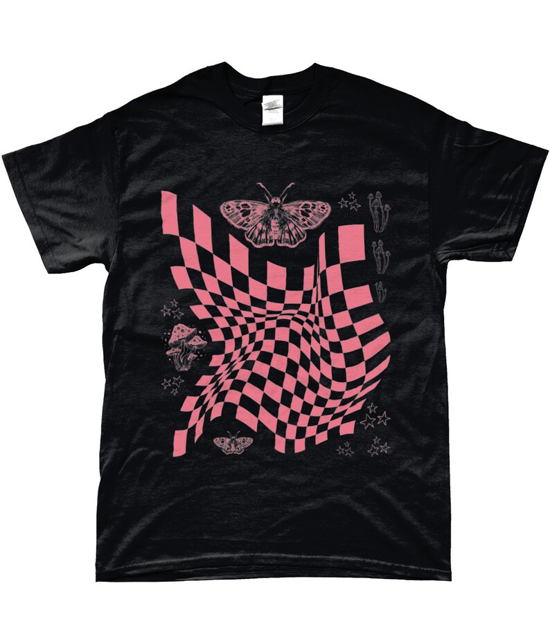 May include: Black t-shirt with a pink checkered pattern, butterflies, stars, and mushrooms.