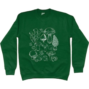 Puede incluir: Una sudadera verde oscuro con un estampado gr&aacute;fico blanco de varios tipos de setas.