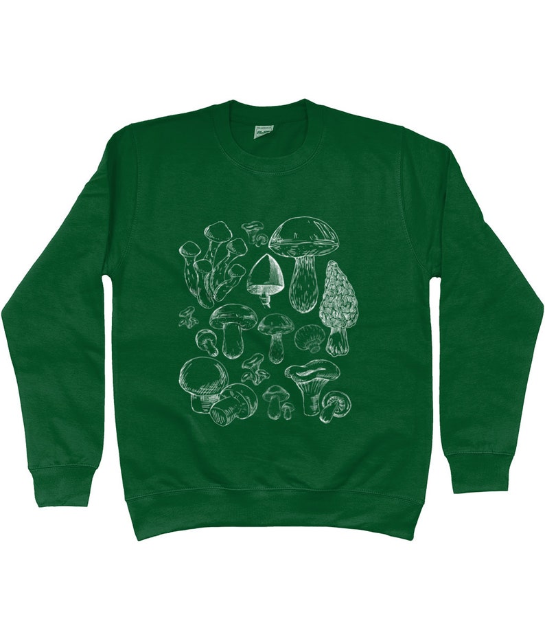 Puede incluir: Una sudadera verde oscuro con un estampado gr&aacute;fico blanco de varios tipos de setas.