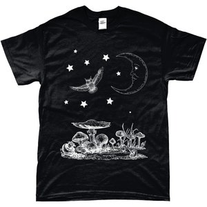 May include: Black t-shirt with a white graphic design of a crescent moon, an owl, stars, and mushrooms.