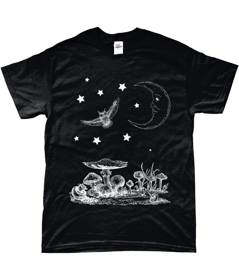 May include: Black t-shirt with a white graphic design of a crescent moon, an owl, stars, and mushrooms.