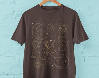 Mystical Moon Crystals Shirt, Celestial Sun and Moons T shirt, Moon Phases Shirt, Crescent Moons Boho Tshirt, Cottagecore Clothing, Grunge
