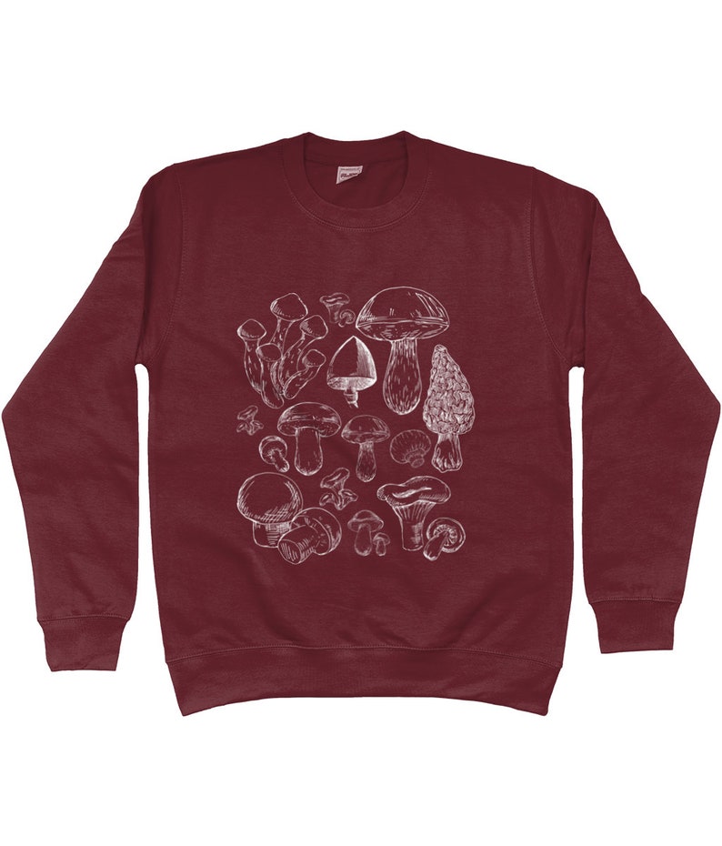 Puede incluir: Una sudadera color burdeos con un estampado gr&aacute;fico blanco de diferentes tipos de setas.