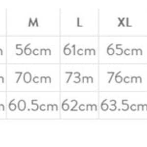 May include: Size chart showing measurements in centimeters for a garment. Measurements include 1/2 chest, body length, and sleeve length. Sizes range from XS to 5XL.