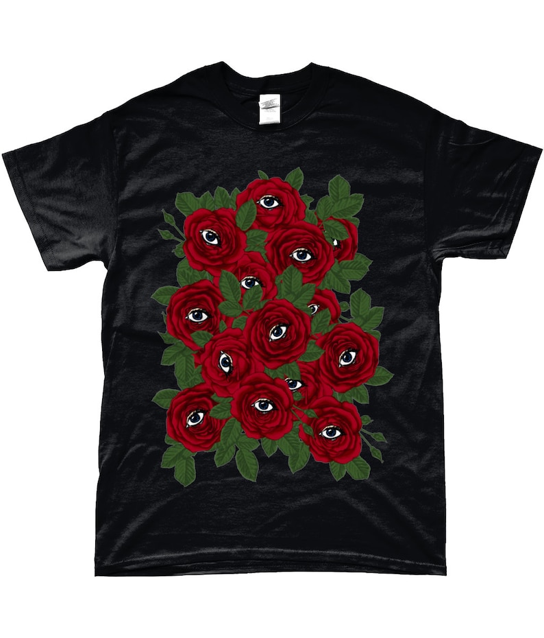 May include: Black t-shirt with a graphic of red roses with eyes in the center of each rose.