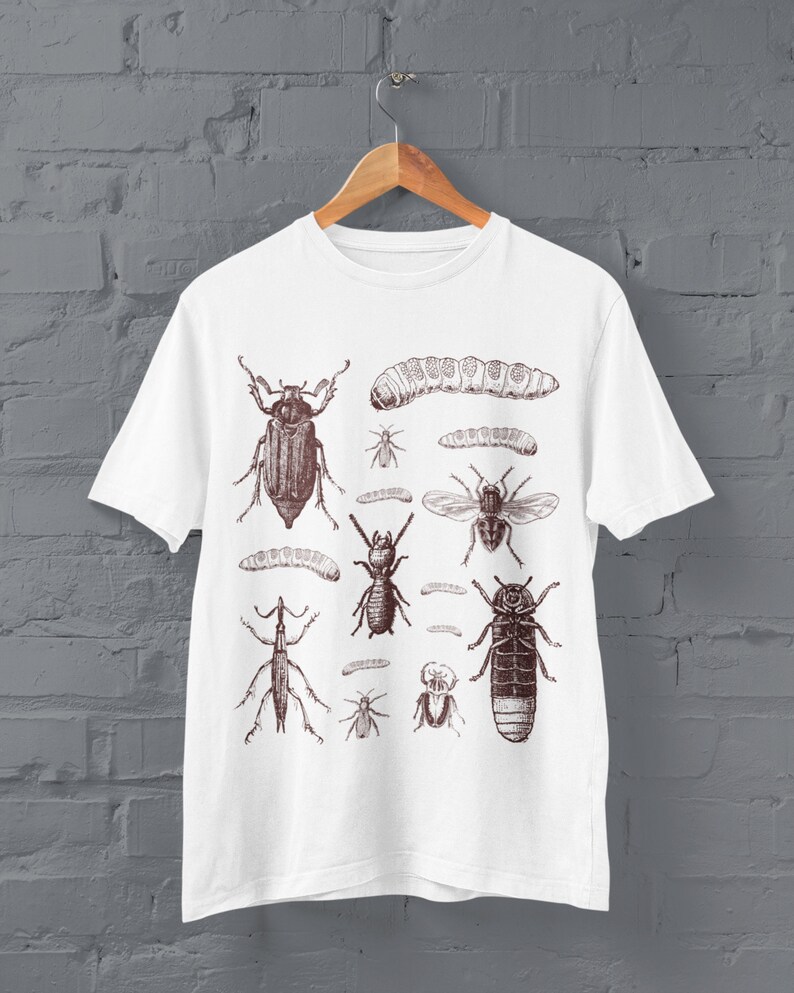 May include: White t-shirt with a sepia-toned illustration of various insects, including beetles, ants, and a caterpillar. The graphic design is printed on a classic crew neck tee, ideal for entomology enthusiasts.
