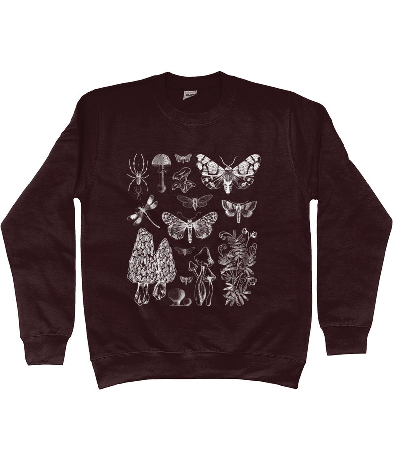 K&ouml;nnte beinhalten: Ein maroonfarbener Pullover mit einem wei&szlig;en Druck verschiedener Insekten, Pilze und Pflanzen. Der Druck enth&auml;lt eine Spinne, eine Libelle, einen Nachtfalter und einen Pilz.