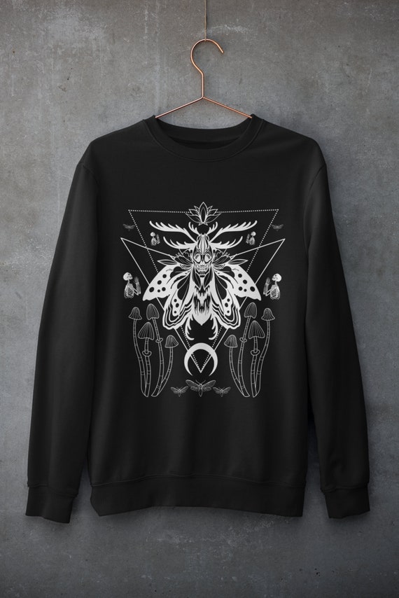 Moth Sweatshirt,Mushroom Sweater,Alt Clothing,Dark Academia,Mystical Sweatshirt,Moon Phase,Goth Sweater,Celestial Cottagecore Sweater