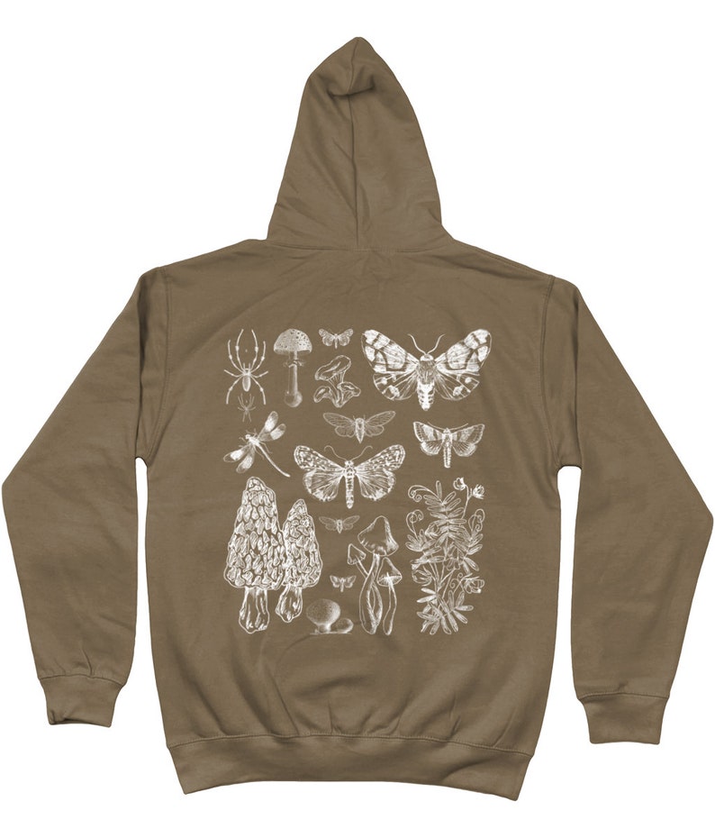 May include: A brown hooded sweatshirt with a white print of various insects, mushrooms, and plants. The print includes a spider, dragonfly, butterflies, and mushrooms.
