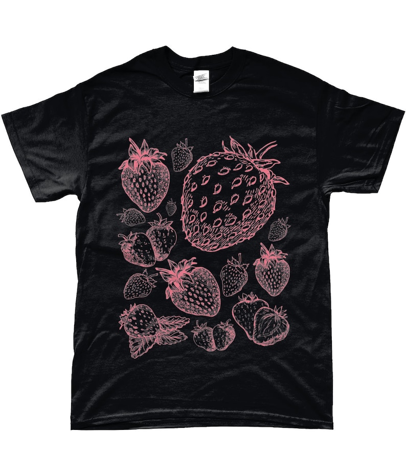 May include: Black t-shirt with a pink strawberry print. The strawberries are drawn in a vintage style and are scattered across the shirt.
