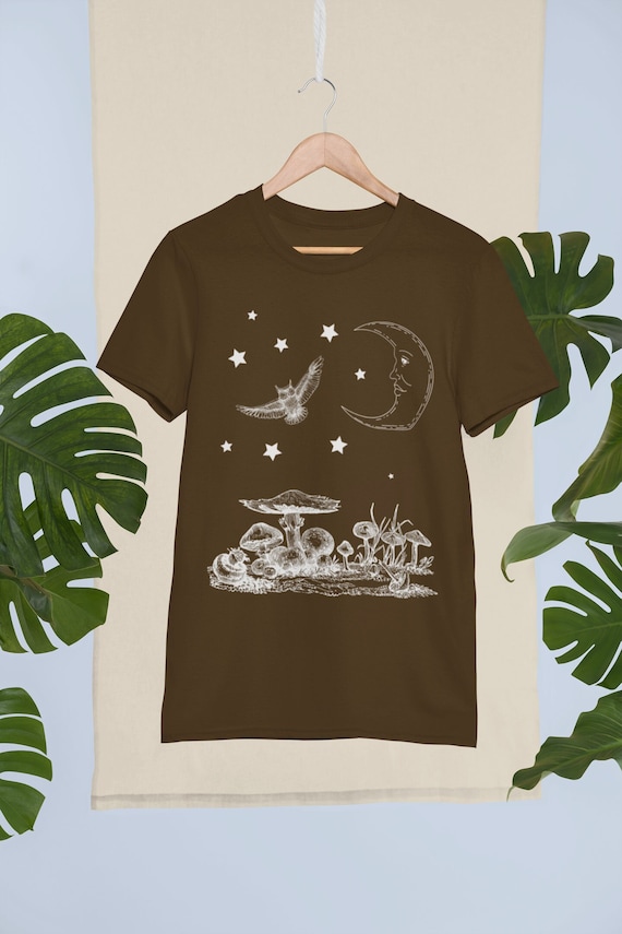 Mushroom Tshirt, Mystical Shirt, Grunge Clothing, Cottagecore Shirt, Celestial Moon Shirt, Fungi T-shirt, Goblincore Shirt, Owl Tshirt