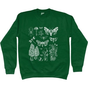 K&ouml;nnte beinhalten: Ein dunkelgr&uuml;ner Pullover mit einem wei&szlig;en Druck verschiedener Insekten, Pilze und Pflanzen. Der Druck enth&auml;lt eine Spinne, eine Libelle, einen Nachtfalter und einen Pilz.