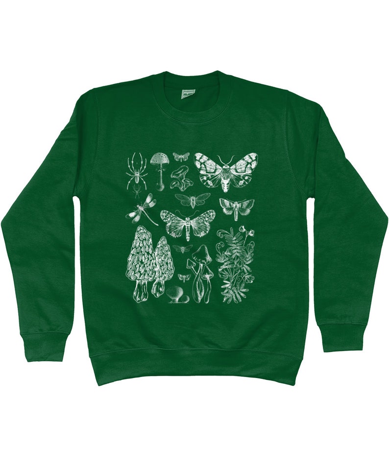 K&ouml;nnte beinhalten: Ein dunkelgr&uuml;ner Pullover mit einem wei&szlig;en Druck verschiedener Insekten, Pilze und Pflanzen. Der Druck enth&auml;lt eine Spinne, eine Libelle, einen Nachtfalter und einen Pilz.