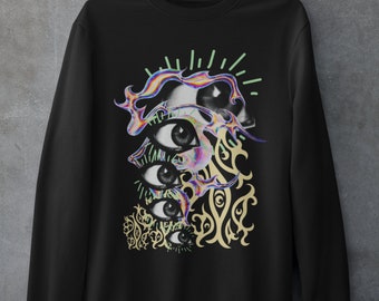 May include: Black sweatshirt with a graphic print of multiple eyes with a psychedelic, iridescent design. The eyes are surrounded by gold and green floral patterns.