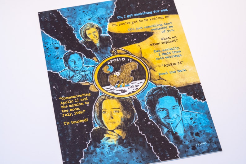 May include: A yellow and black illustration of the Apollo 11 mission patch with a bald eagle landing on the moon. The image is surrounded by four portraits of people, with text that reads "Commemorating Apollo 11 and the mission to the moon. July, 1969." and "Oh, I got something for you. Oh, you've got to be kidding me. It's just something that reminded me of you. What, an alien implant? Two, actually. I made them into earrings. "Apollo 11". Read the back."