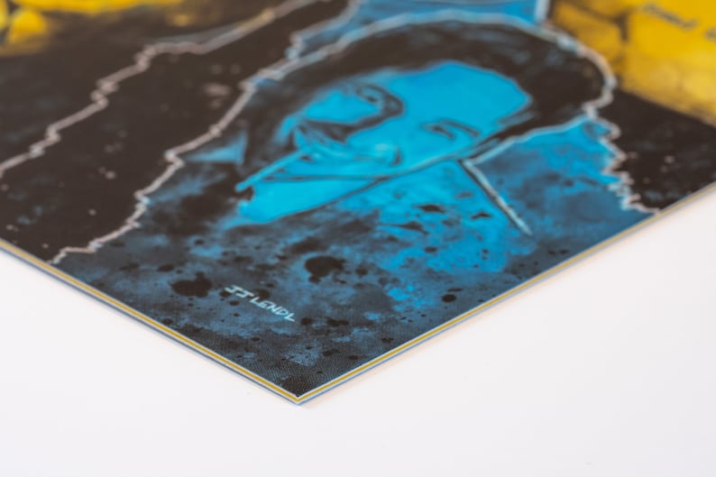 May include: Close-up of a blue and yellow abstract painting with a man's face in the center. The painting has a textured, splattered look. The text "TOWEL" is visible in the bottom right corner.