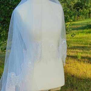 Chantilly lace trim bridal veil with blusher, Lace wedding veil, Cathedral veil in light Ivory