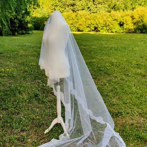Chantilly Lace Trim Cathedral Veil with blusher in light Ivory