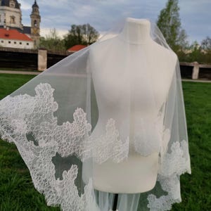 Blusher wedding veil Chantilly lace trim -Drop veil in soft Ivory