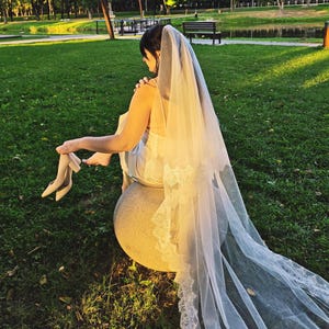 Two Tier Chantilly Lace Veil with Blusher - Soft Ivory