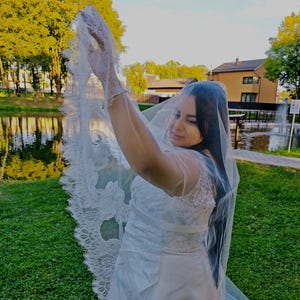 Chantilly lace veil with blusher, Two tier in soft Ivory
