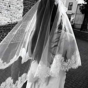 Chantilly Lace Veil with blusher ,Two Tier soft tulle in Ivory