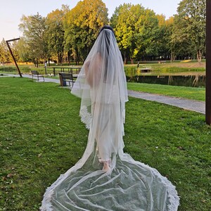 Two Tier Chantilly Lace Trim Veil Cathedral with Blusher in Ivory