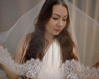 Véu de renda Chantilly de 2 camadas cor blush | Véu de noiva estilo mantilha marfim | Véu com borda de renda