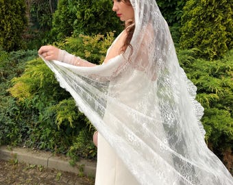 Full Lace Mantilla Veil, Ivory Chantilly Lace Veil with Comb, All Lace Spanish Wedding Veil, Hand Sewn Bridal Mantilla
