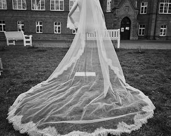 Two Tier Lace Cathedral Veil with blusher | Chantilly Lace Edged Veil Drop