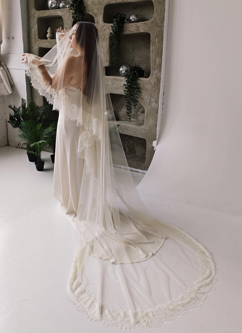 Cathedral veil with blusher Chantilly lace trim in ivory