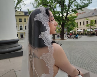 Floral Mantilla Wedding Veil Ivory Chantilly Lace Trim Cathedral Length , Bridal Veil Spanish Style Accessory