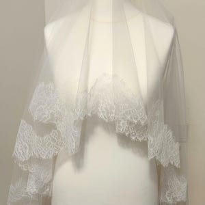 Chantilly lace Veil Blusher in Ivory & Bridal Lace Mantilla Veil with Floral Lace Trim – Elegant Wedding Accessory